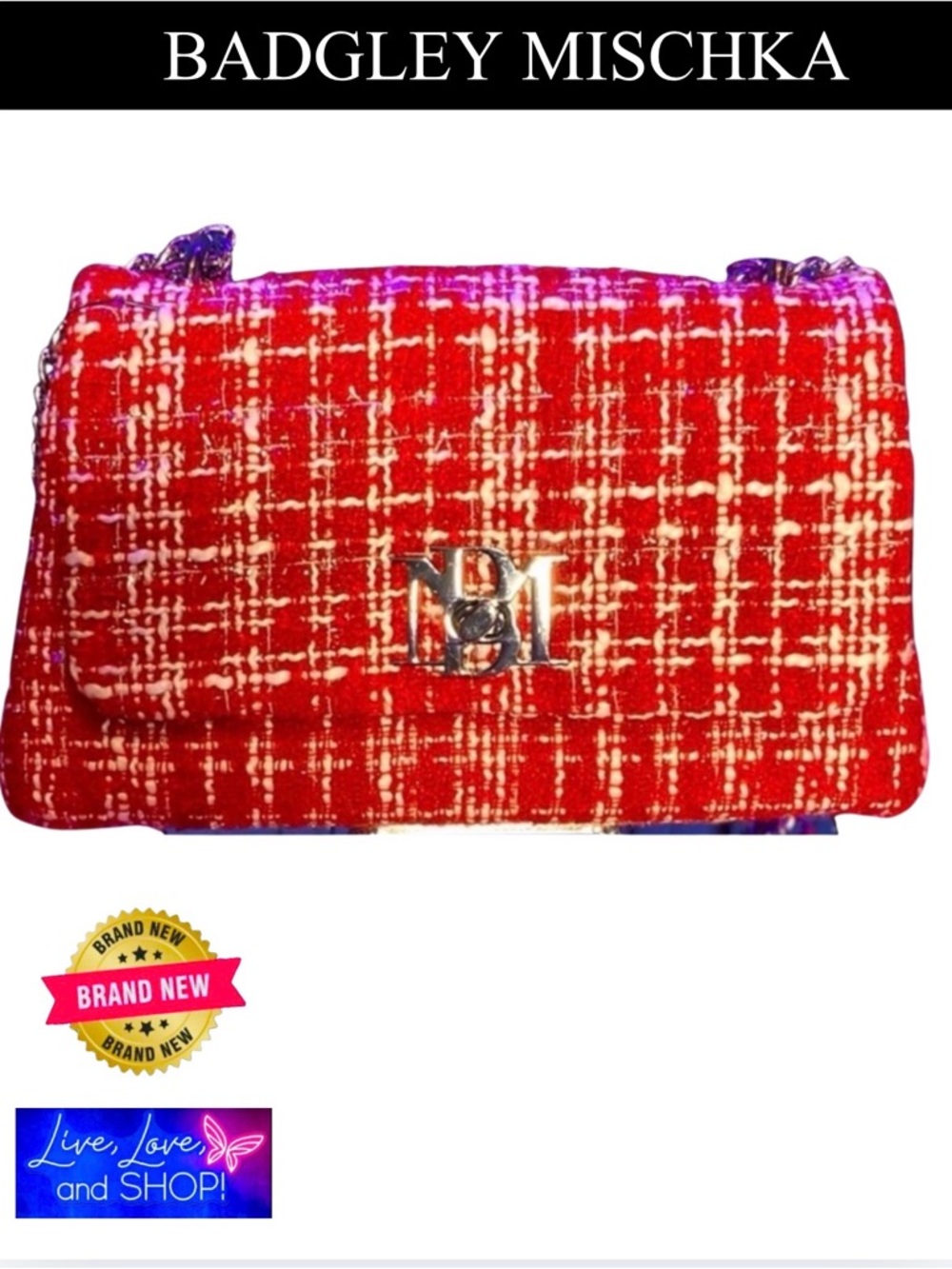BADGLEY MISCHKA Red & White
Bouclé-Tweed Crossbody/Shoulder Bag